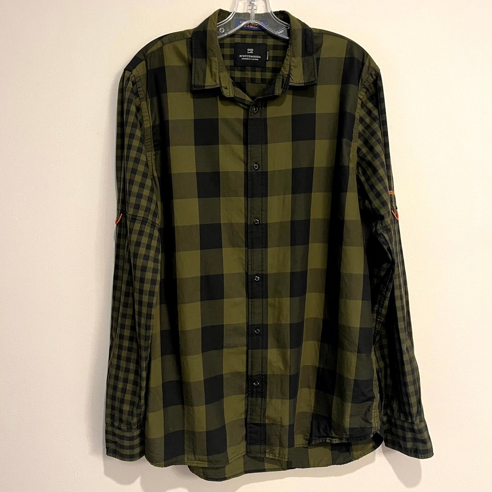Scotch & Soda Shirt Logn Sleeve Button Down Green Black Buffalo Check Plaid L
